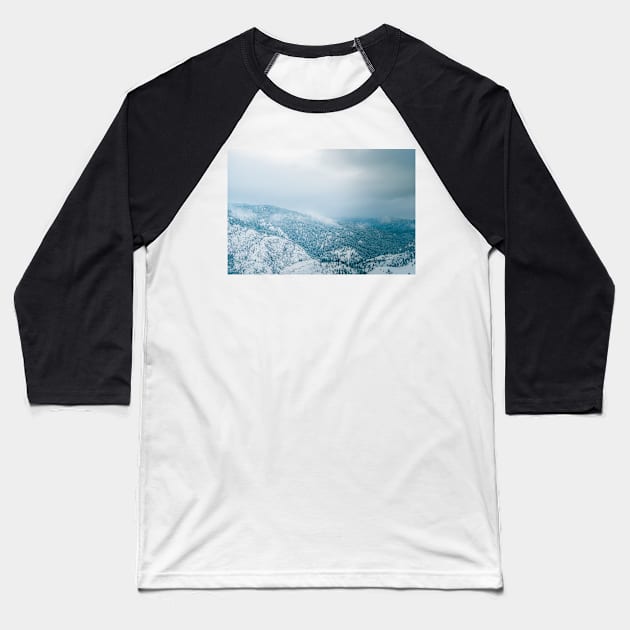 Snow on Mountains and Forest Baseball T-Shirt by Amy-K-Mitchell